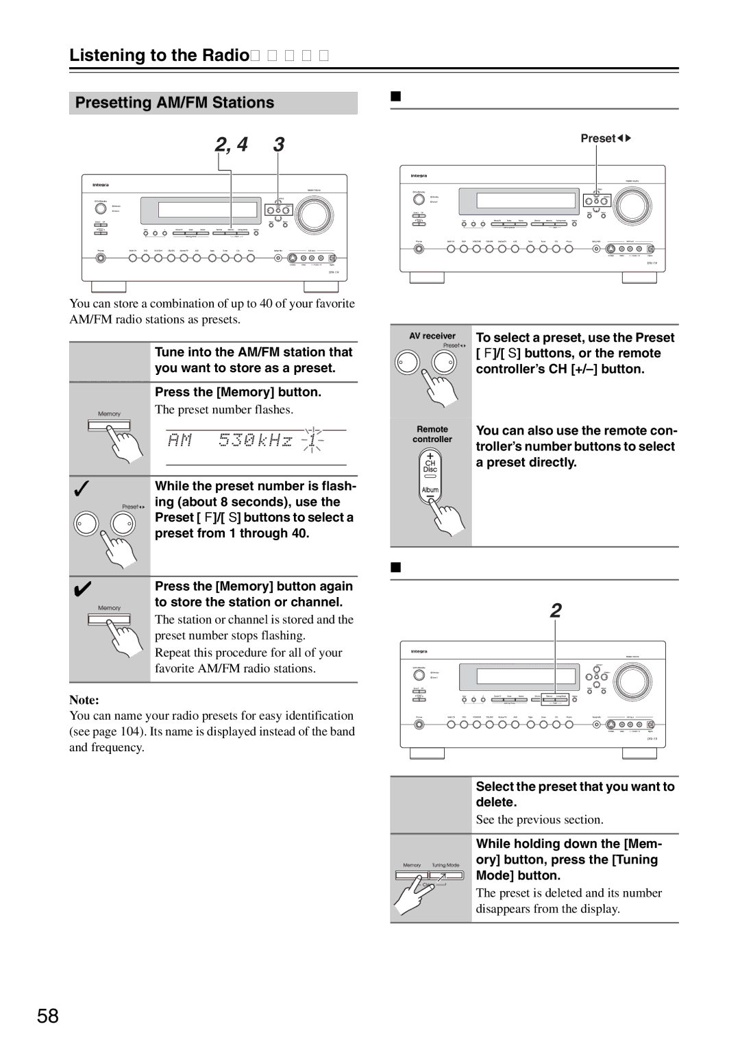 Onkyo DTR-7.9 instruction manual Listening to the Radio, Selecting Presets, Deleting Presets 