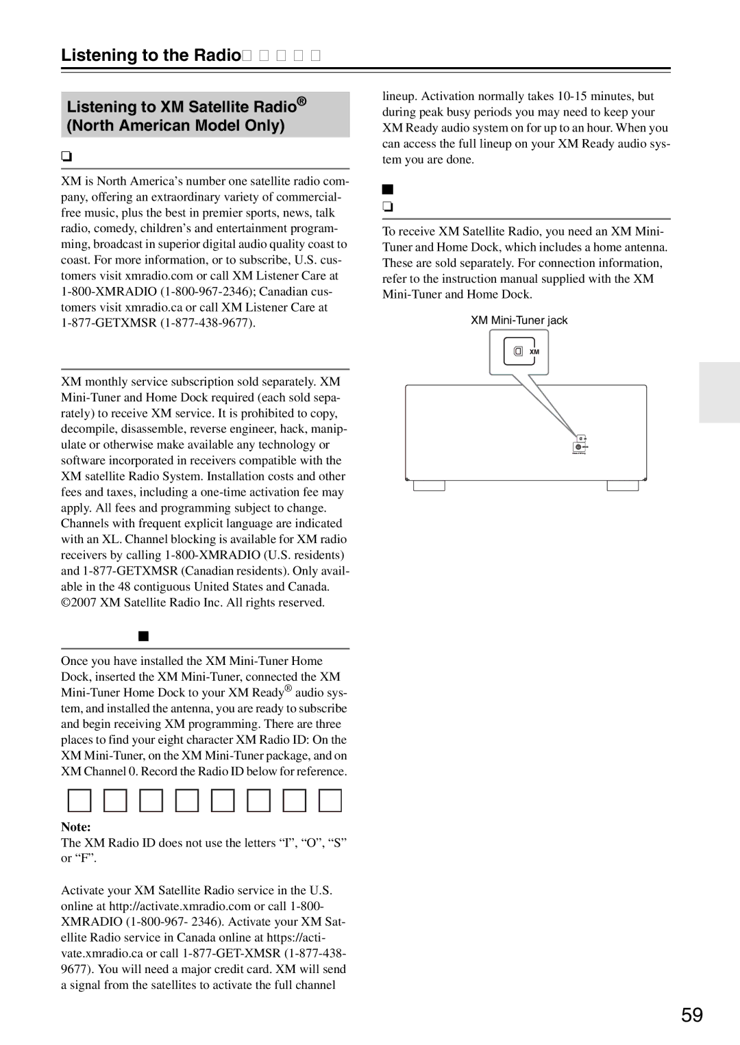 Onkyo DTR-7.9 instruction manual Listening to XM Satellite Radio North American Model Only, About XM Radio XM Ready Legal 