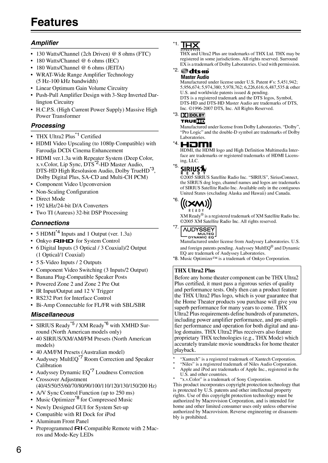 Onkyo DTR-7.9 instruction manual Features, Amplifier, Processing, Connections, Miscellaneous 