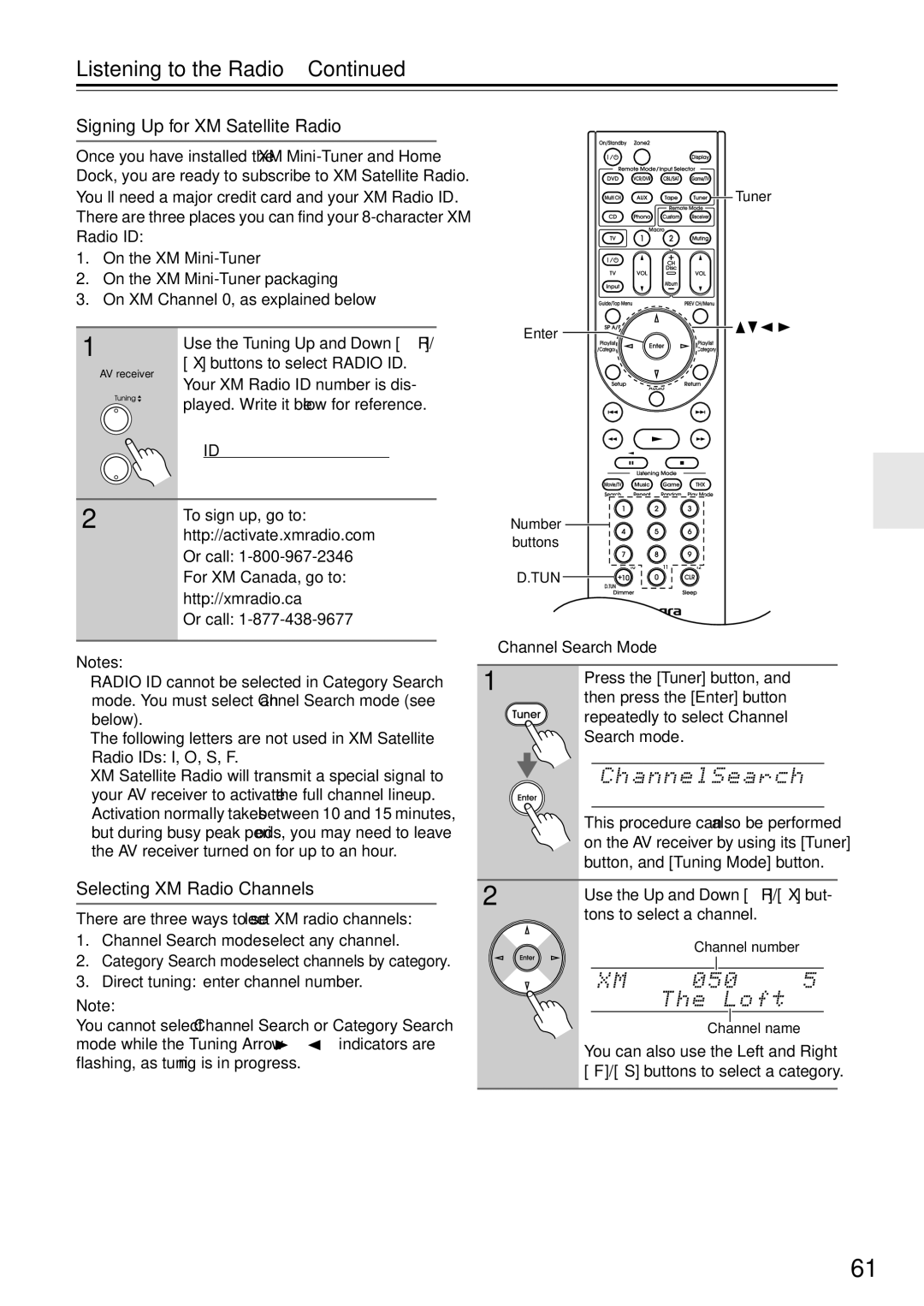 Onkyo DTR-7.9 instruction manual Signing Up for XM Satellite Radio, Selecting XM Radio Channels 