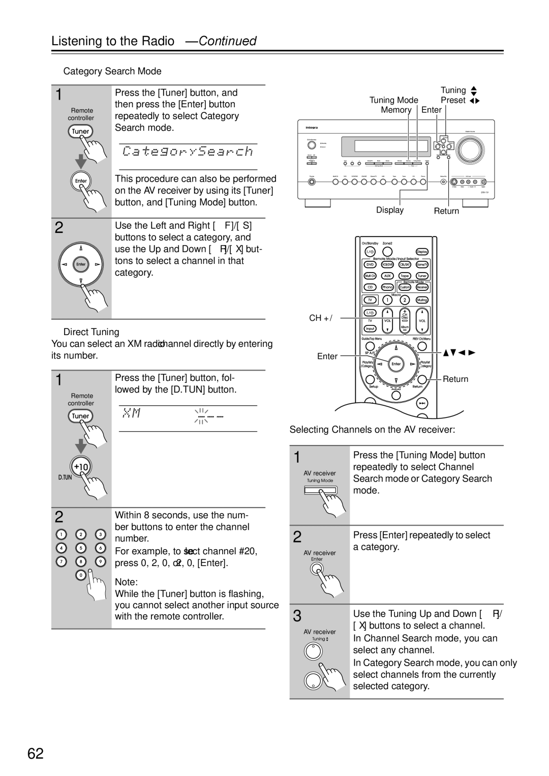 Onkyo DTR-7.9 Category Search Mode Press the Tuner button, Repeatedly to select Category, Press the Tuner button, fol 