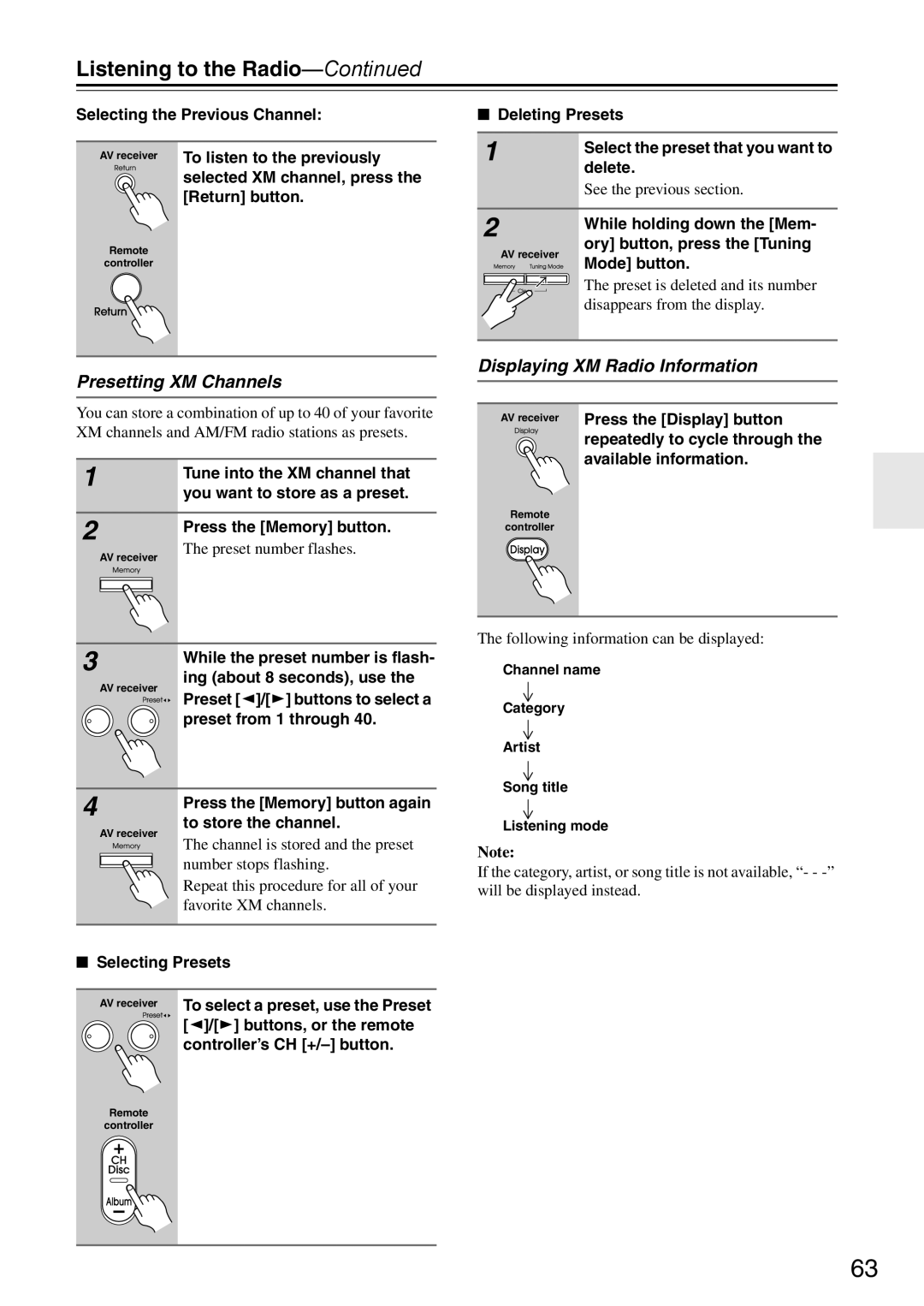 Onkyo DTR-7.9 instruction manual Presetting XM Channels, Displaying XM Radio Information 