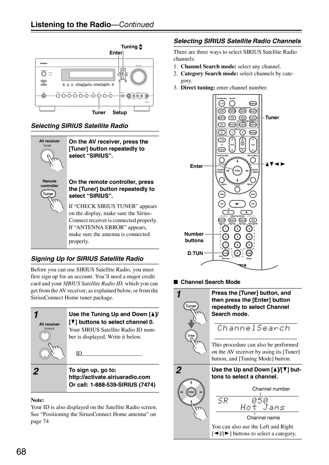 Onkyo DTR-7.9 instruction manual Selecting Sirius Satellite Radio, Signing Up for Sirius Satellite Radio 