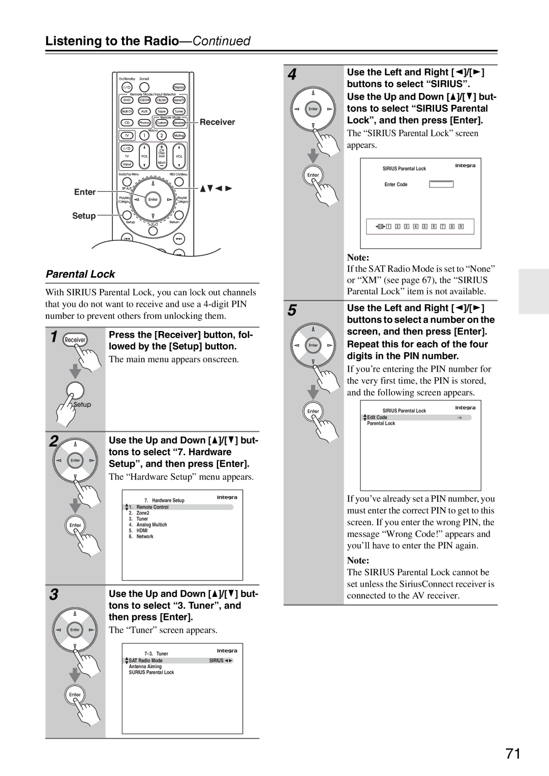 Onkyo DTR-7.9 instruction manual Setup, and then press Enter, Sirius Parental Lock screen appears 