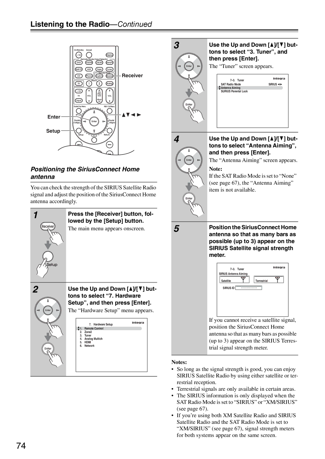 Onkyo DTR-7.9 Positioning the SiriusConnect Home antenna, Position the SiriusConnect Home, Antenna so that as many bars as 