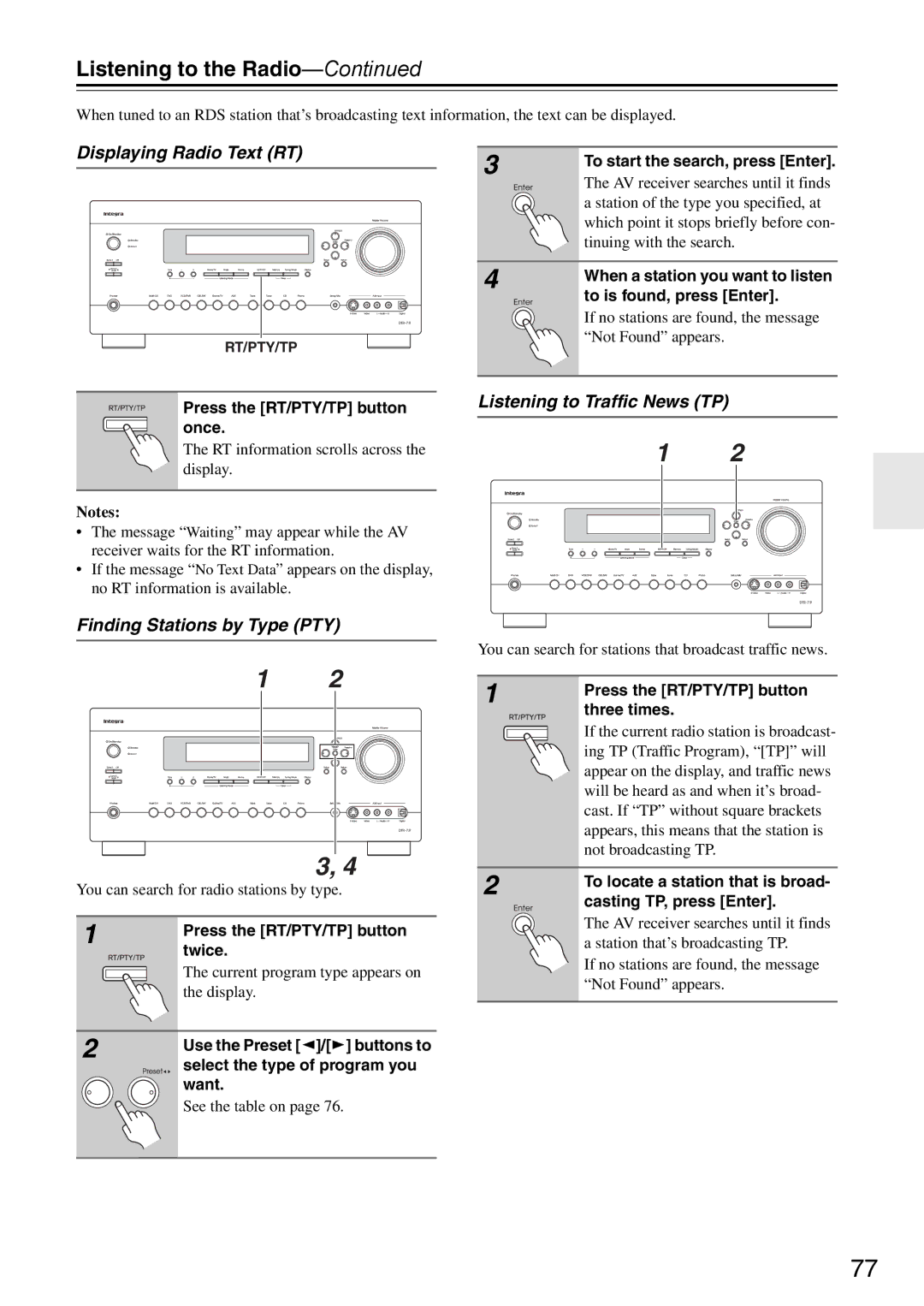 Onkyo DTR-7.9 instruction manual Displaying Radio Text RT, Finding Stations by Type PTY, Listening to Traffic News TP 