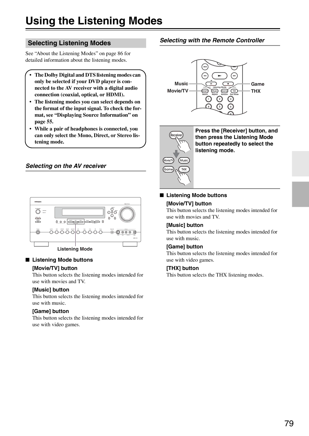 Onkyo DTR-7.9 Using the Listening Modes, Selecting Listening Modes, Selecting on the AV receiver, THX button 