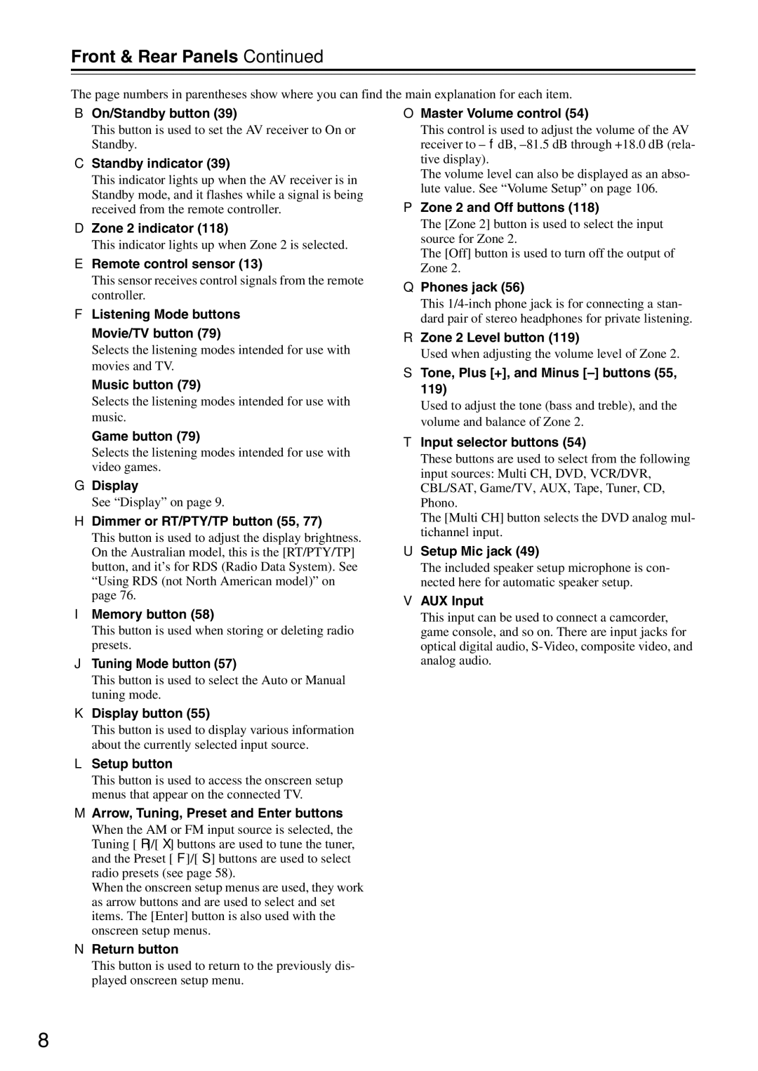 Onkyo DTR-7.9 instruction manual Front & Rear Panels 