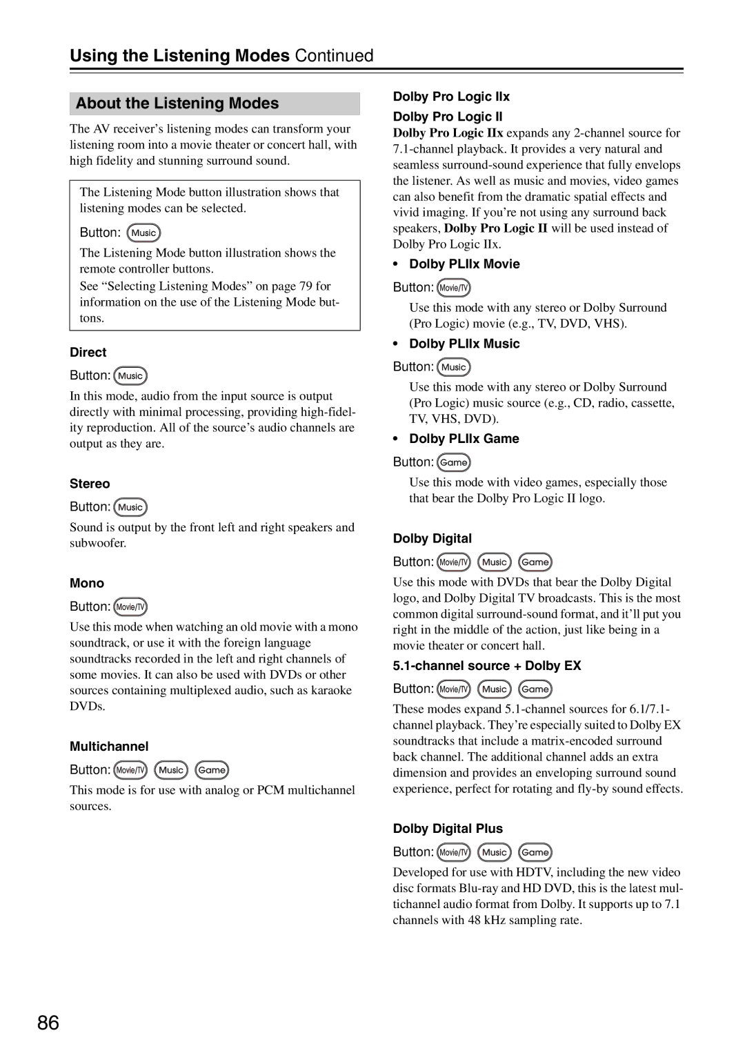 Onkyo DTR-7.9 instruction manual About the Listening Modes 