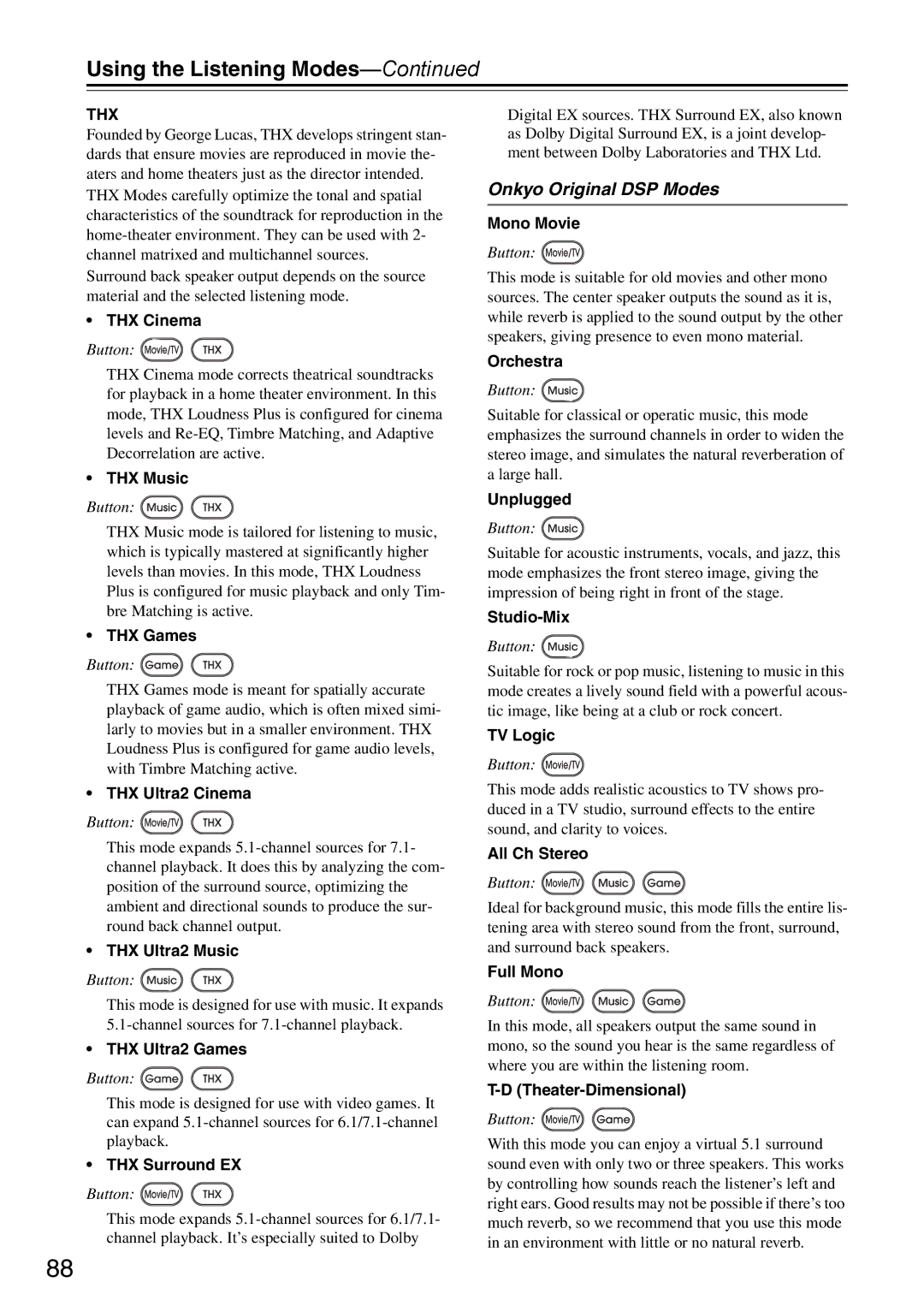 Onkyo DTR-7.9 instruction manual Onkyo Original DSP Modes 