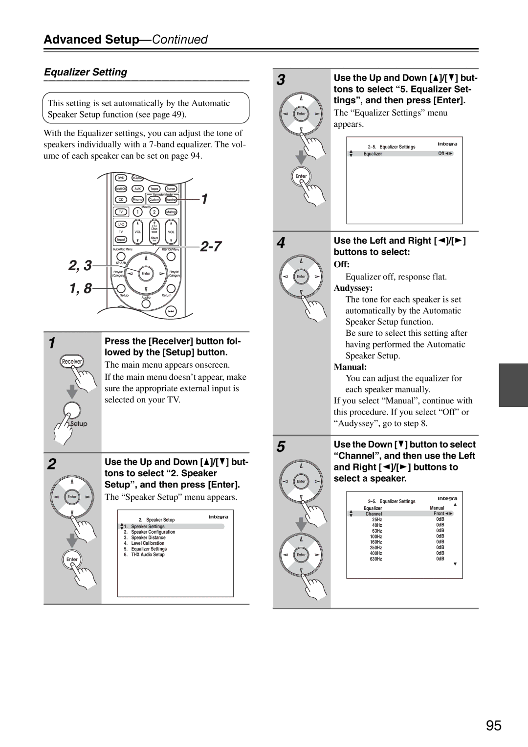 Onkyo DTR-7.9 instruction manual Equalizer Setting, Use the Left and Right e/r buttons to select, Off, Audyssey, Manual 