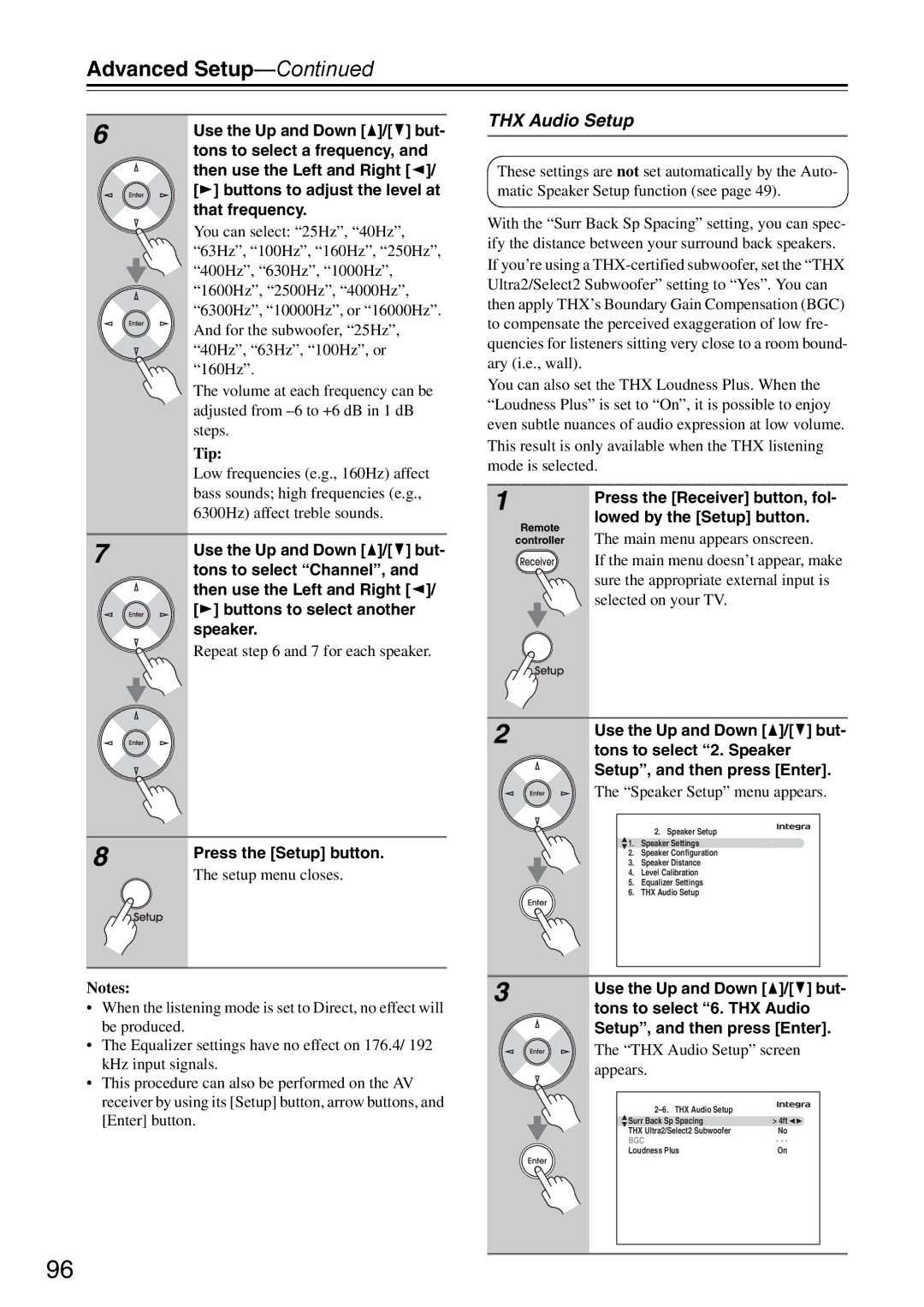 Onkyo DTR-7.9 instruction manual Repeat and 7 for each speaker, THX Audio Setup screen appears 