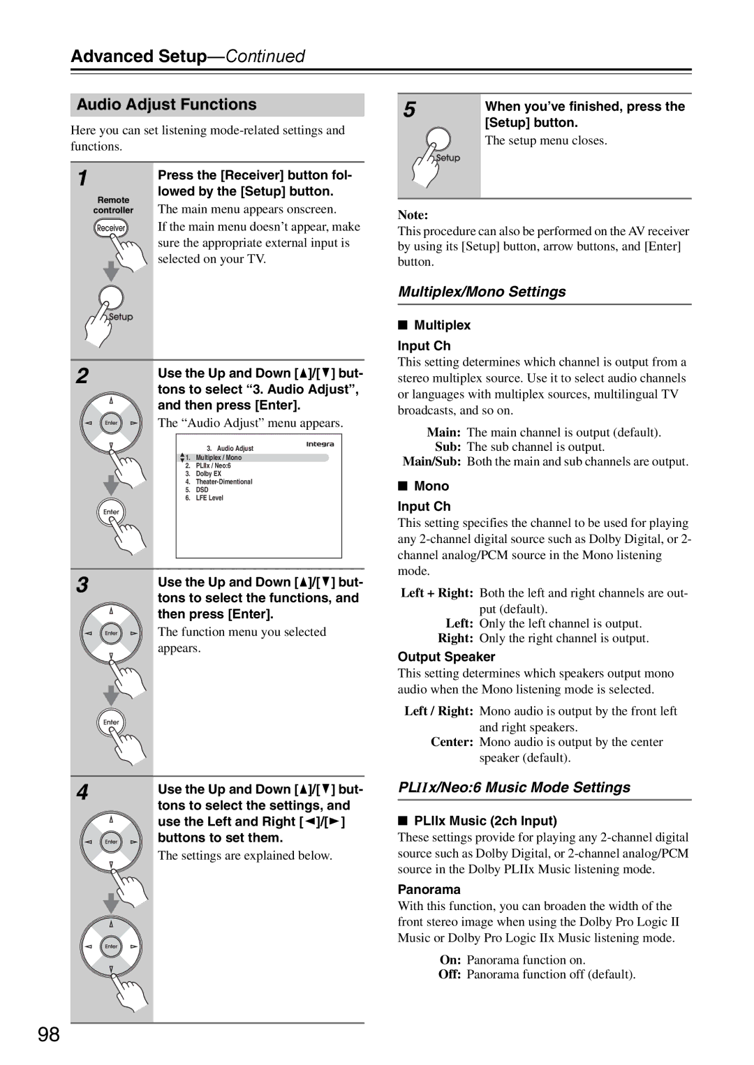 Onkyo DTR-7.9 instruction manual Audio Adjust Functions, Multiplex/Mono Settings, PLIIx/Neo6 Music Mode Settings 