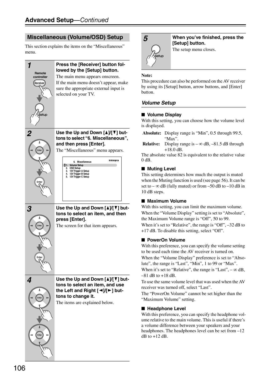 Onkyo DTR-7.9 Miscellaneous Volume/OSD Setup, Volume Setup, Advanced Setup—Continued, The setup menu closes 