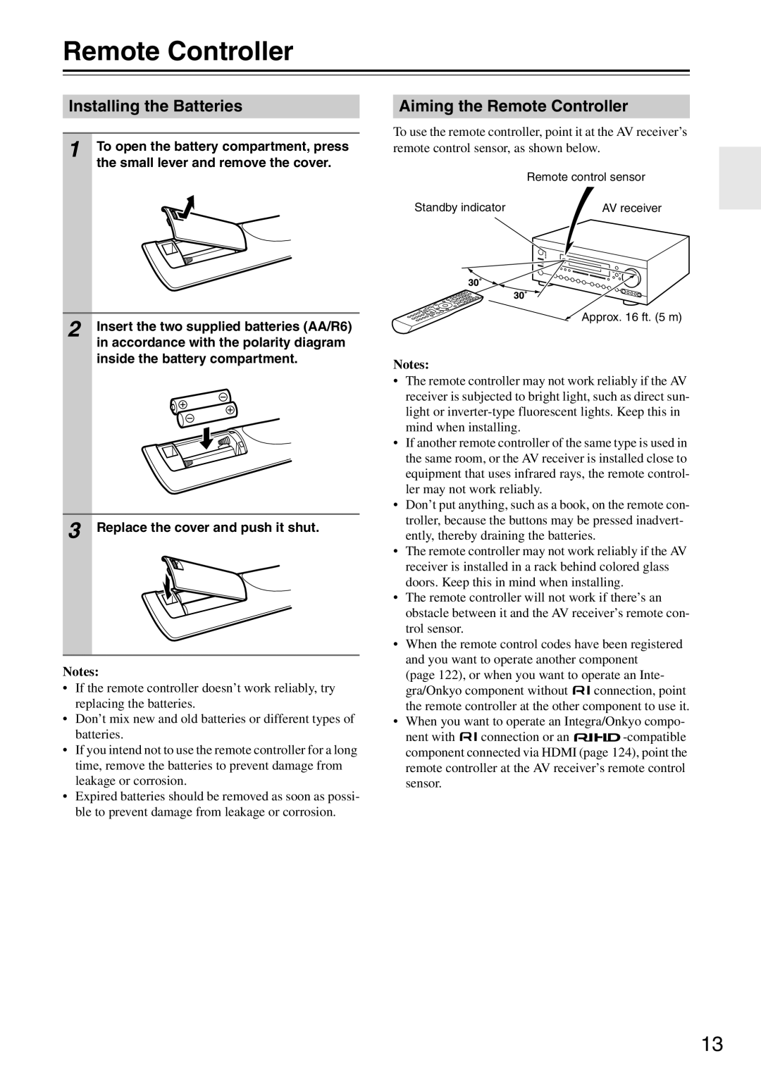 Onkyo DTR-7.9 instruction manual Installing the Batteries, Aiming the Remote Controller, Notes 