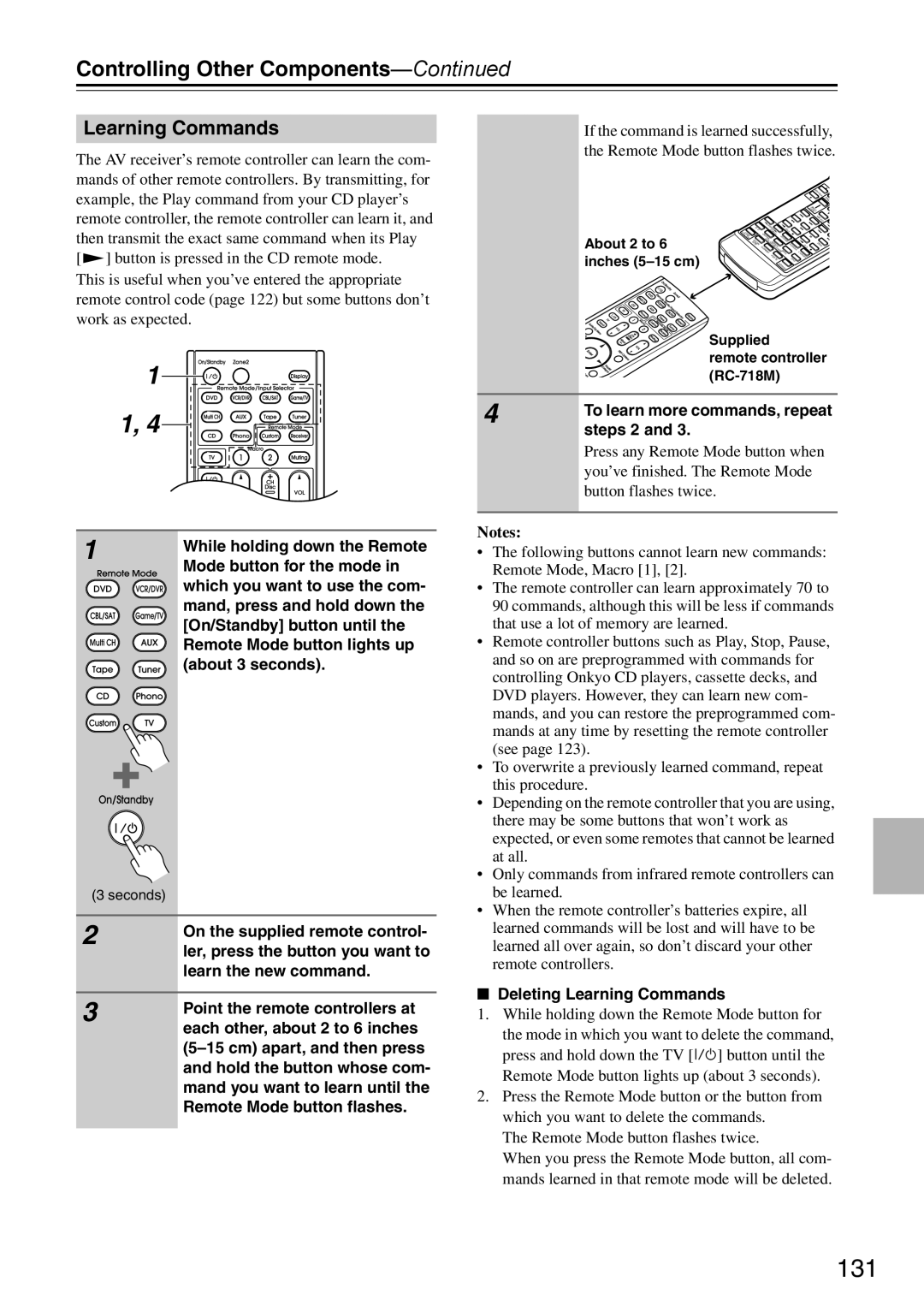 Onkyo DTR-7.9 instruction manual Learning Commands, Controlling Other Components—Continued, Notes 