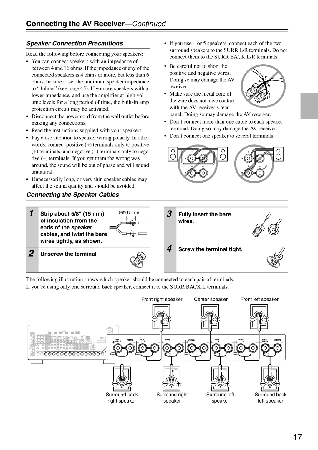 Onkyo DTR-7.9 Connecting the AV Receiver—Continued, Speaker Connection Precautions, Connecting the Speaker Cables 