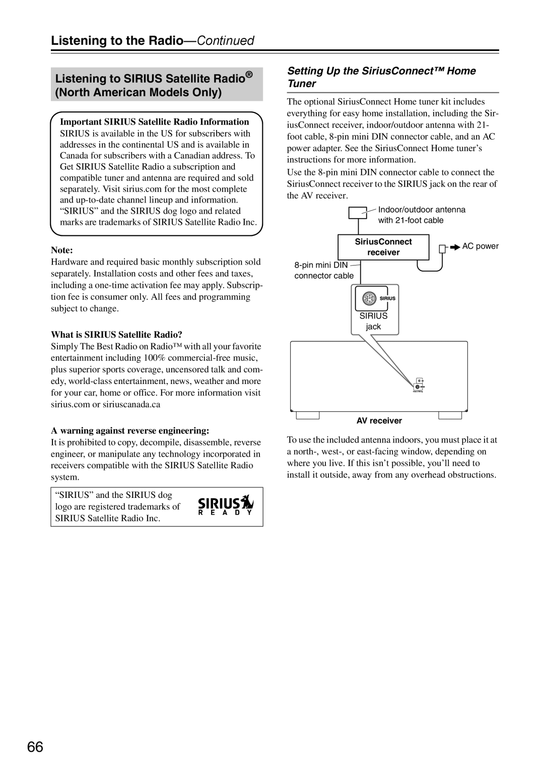 Onkyo DTR-7.9 instruction manual Setting Up the SiriusConnect Home Tuner, Important SIRIUS Satellite Radio Information 