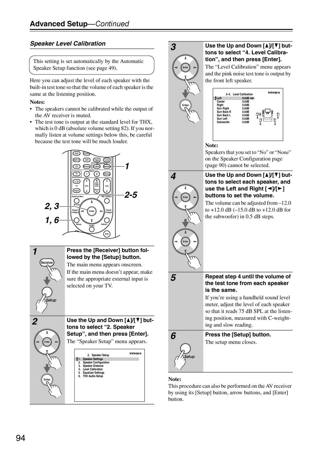 Onkyo DTR-7.9 instruction manual 1 2-52, 31, Speaker Level Calibration, Advanced Setup—Continued, Notes 