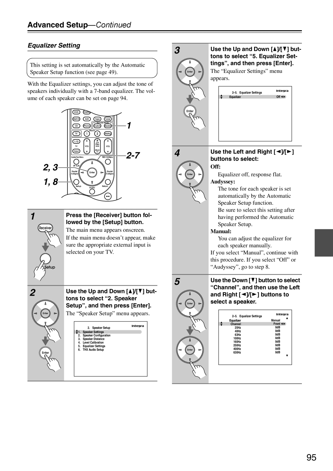 Onkyo DTR-7.9 instruction manual 1 2-7 4 2, Equalizer Setting, Audyssey, Manual, Advanced Setup—Continued 