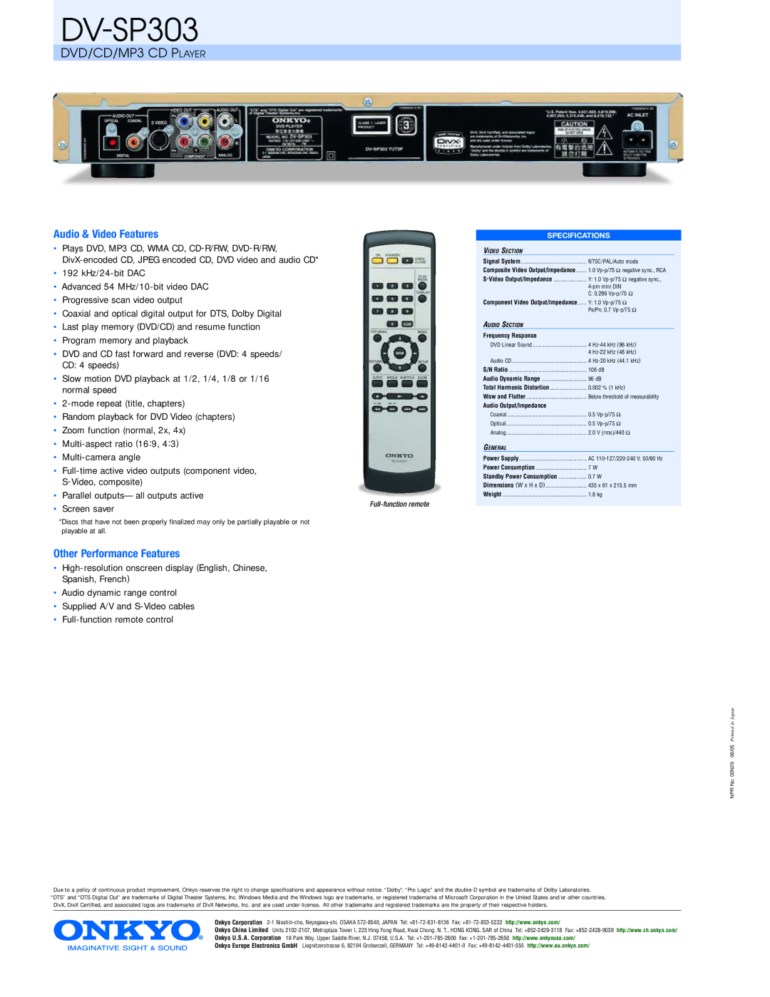 Onkyo DV- P303 manual Audio & Video Features, Other Performance Features, Frequency Response, Audio Output/Impedance 