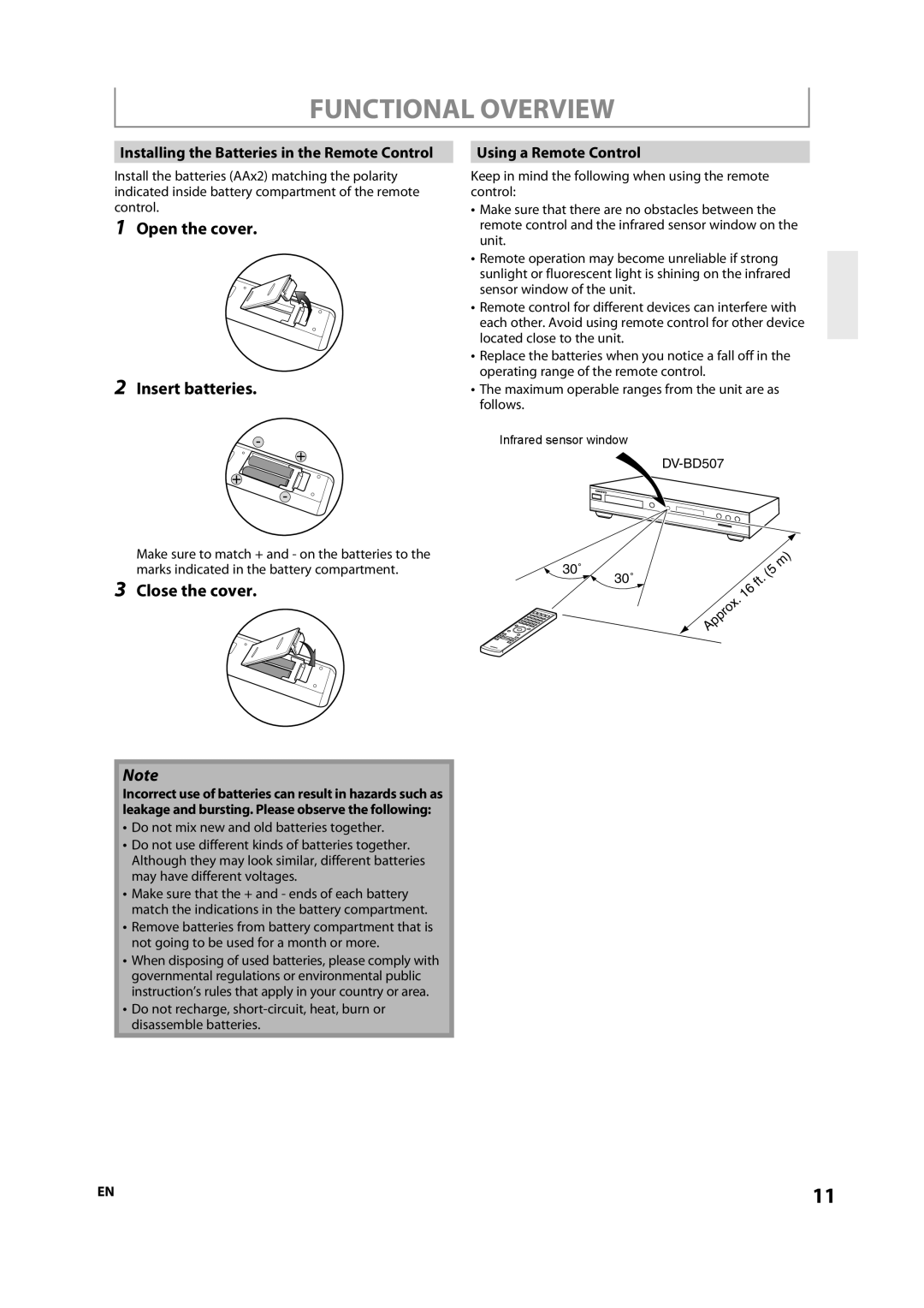 Onkyo DV-BD507 Open the cover Insert batteries, Close the cover, Installing the Batteries in the Remote Control 