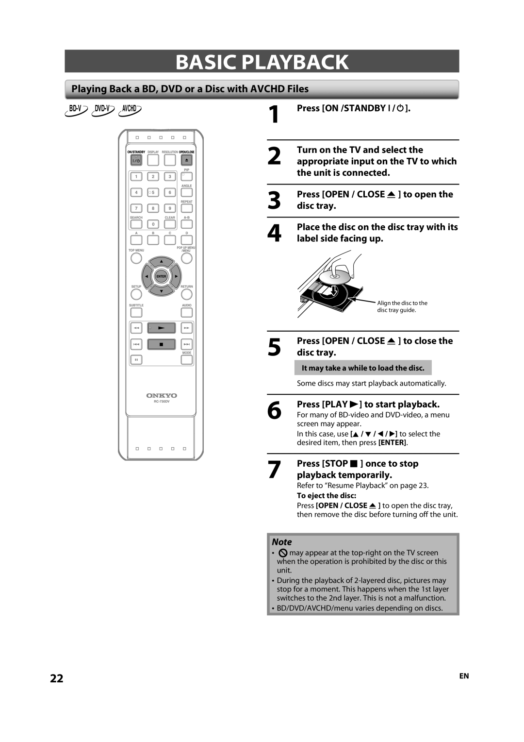 Onkyo DV-BD507 instruction manual Basic Playback, Playing Back a BD, DVD or a Disc with Avchd Files 