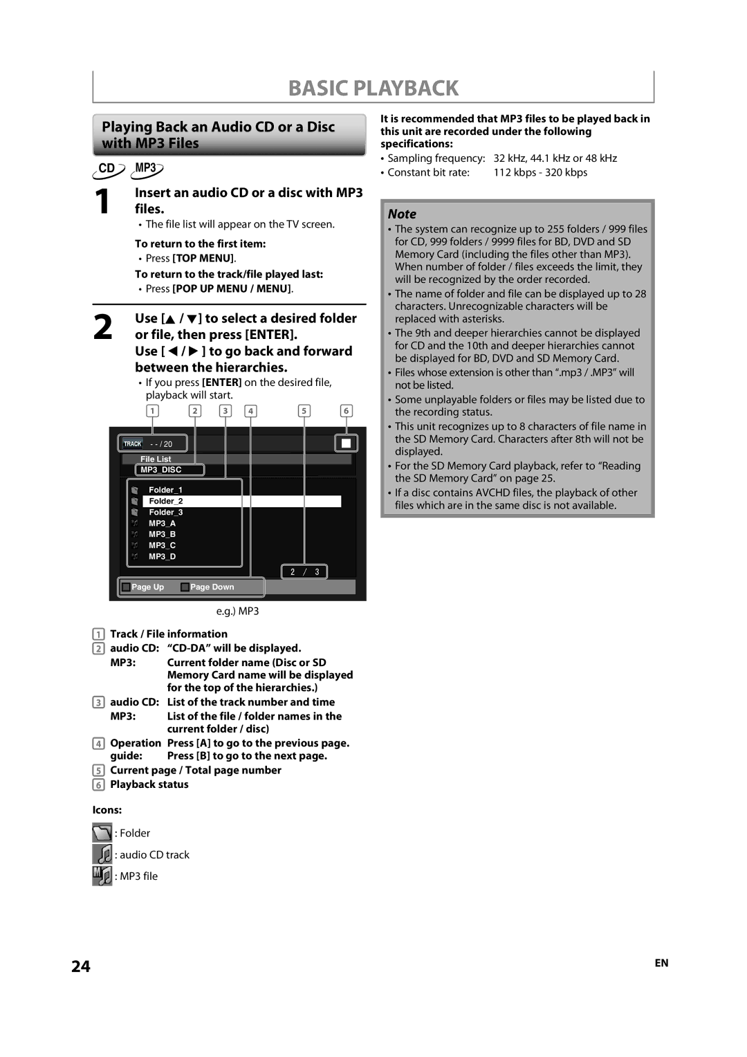 Onkyo DV-BD507 instruction manual Playing Back an Audio CD or a Disc with MP3 Files, Or file, then press Enter 