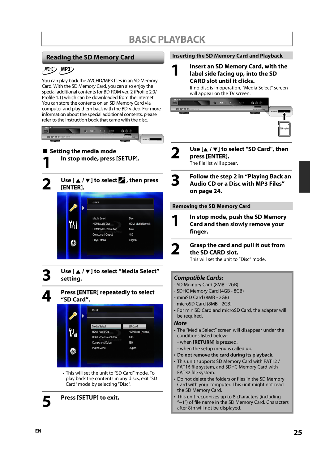 Onkyo DV-BD507 instruction manual Reading the SD Memory Card 