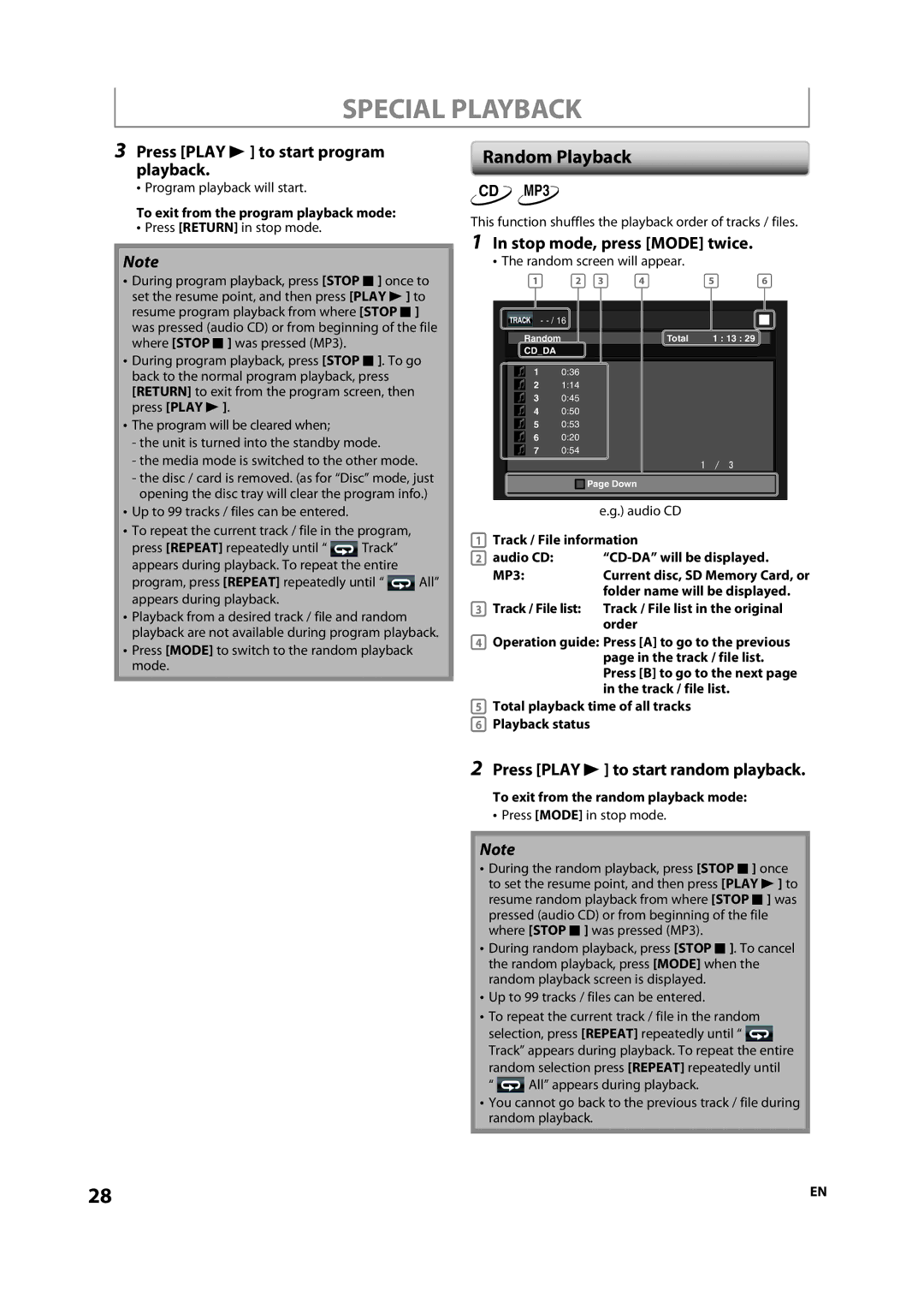 Onkyo DV-BD507 instruction manual Random Playback, Press Play B to start program playback, Stop mode, press Mode twice 