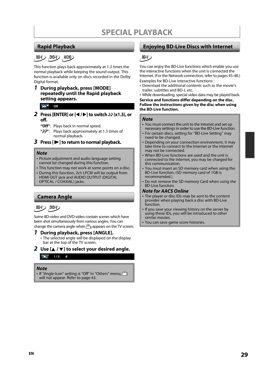 Onkyo DV-BD507 instruction manual Rapid Playback Enjoying BD-Live Discs with Internet, Camera Angle 