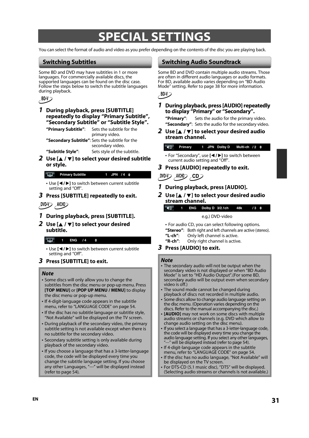 Onkyo DV-BD507 instruction manual Special Settings, Switching Subtitles, Switching Audio Soundtrack 