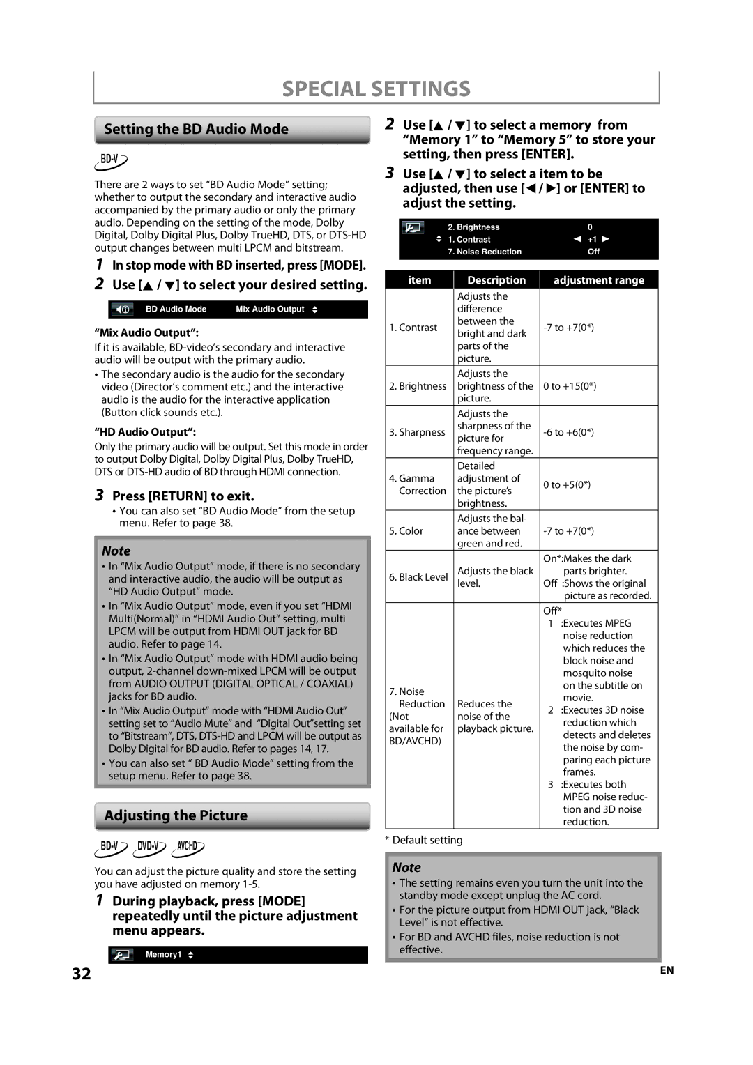 Onkyo DV-BD507 instruction manual Special Settings, Setting the BD Audio Mode, Adjusting the Picture, Press Return to exit 