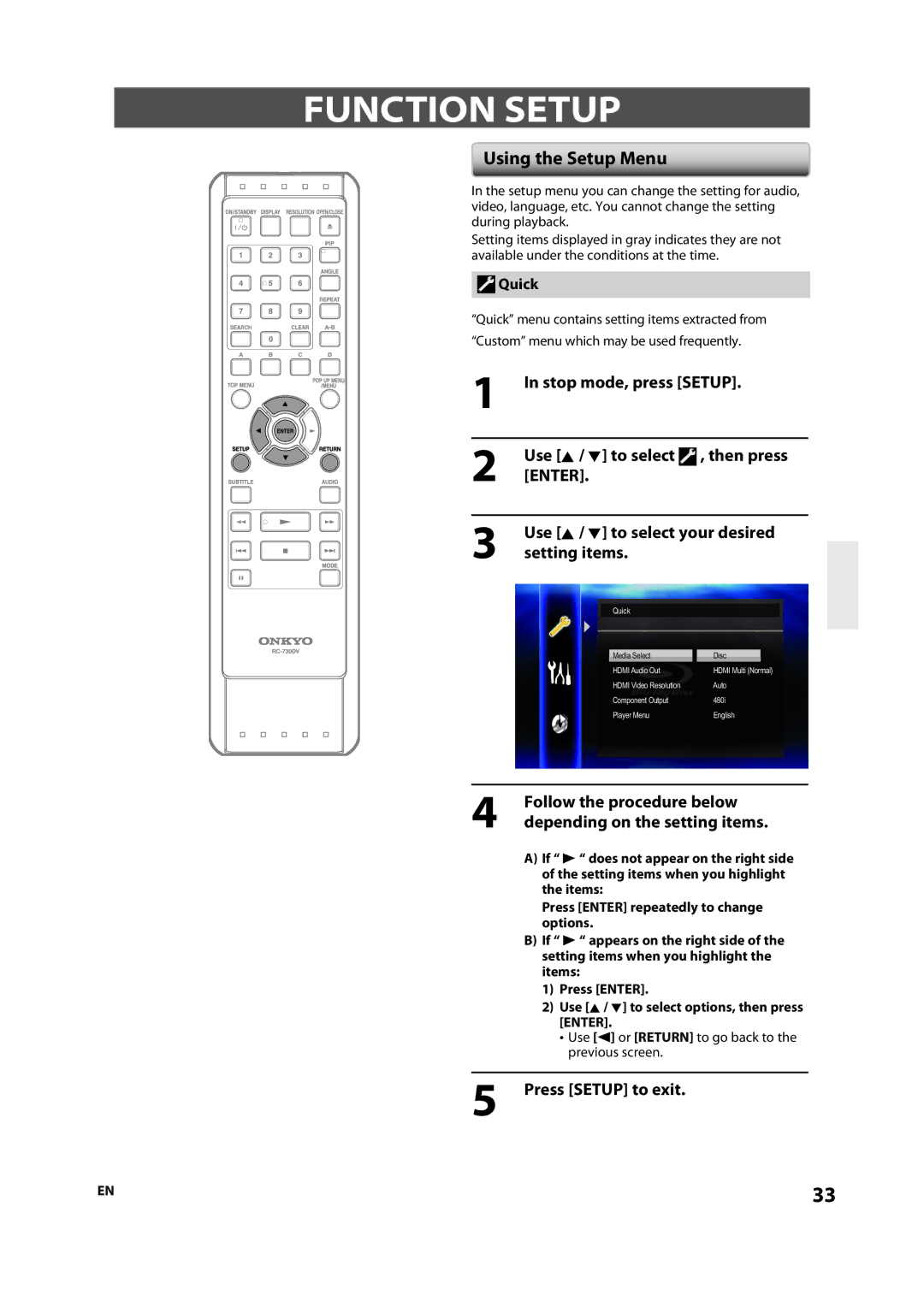 Onkyo DV-BD507 instruction manual Function Setup, Using the Setup Menu 