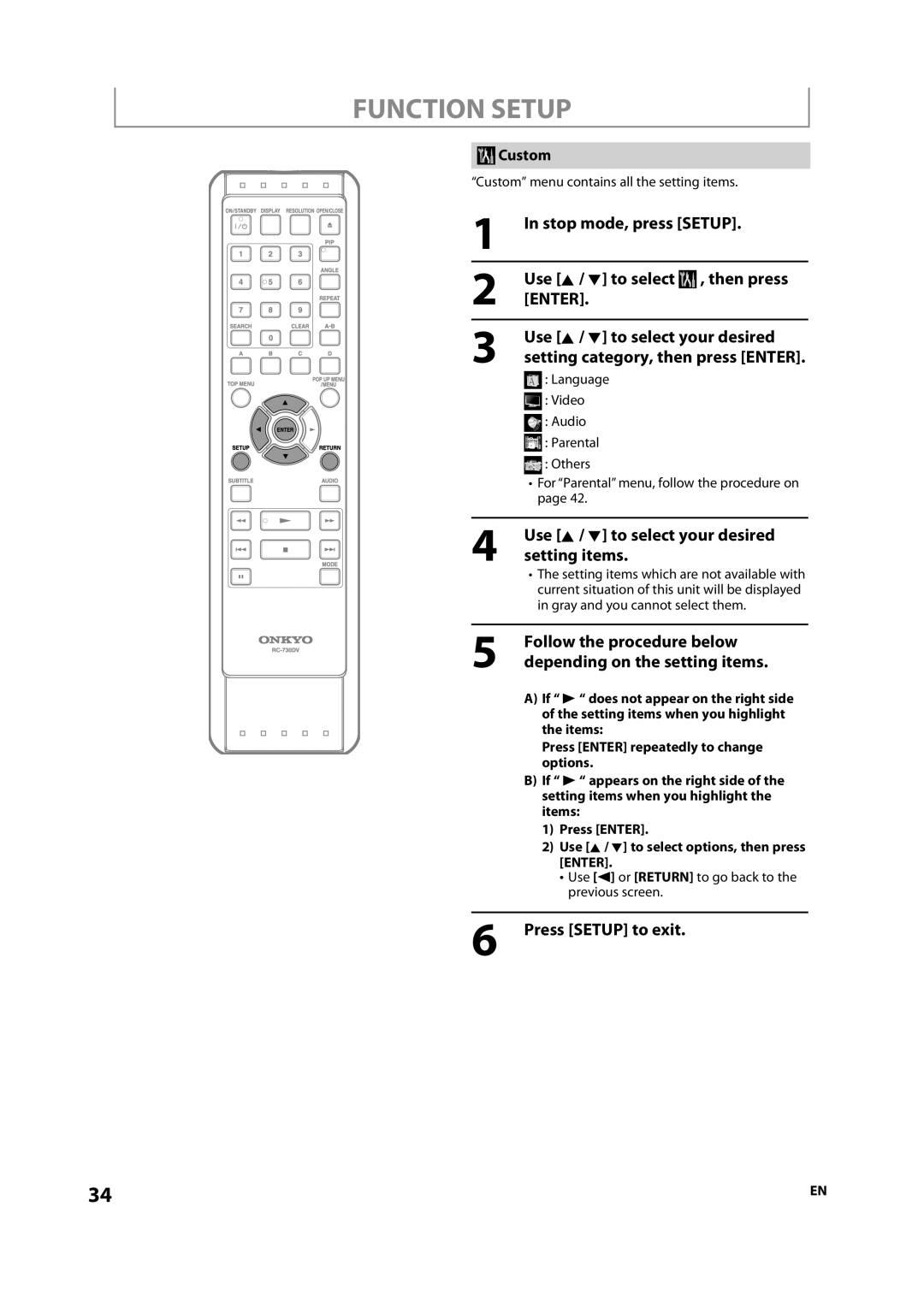 Onkyo DV-BD507 instruction manual Function Setup, Stop mode, press Setup Use K / L to select , then press 