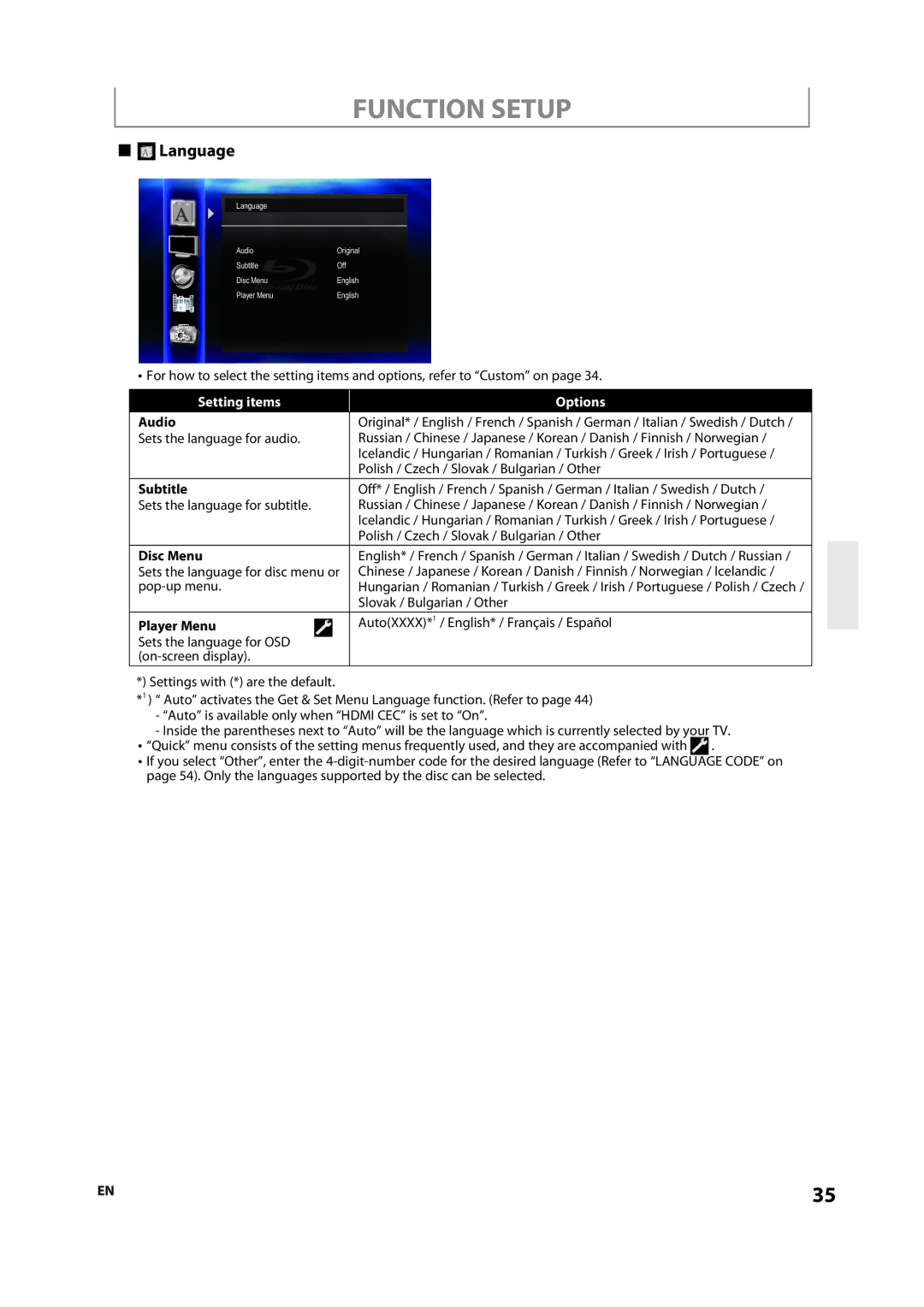 Onkyo DV-BD507 instruction manual Language, Setting items Options 