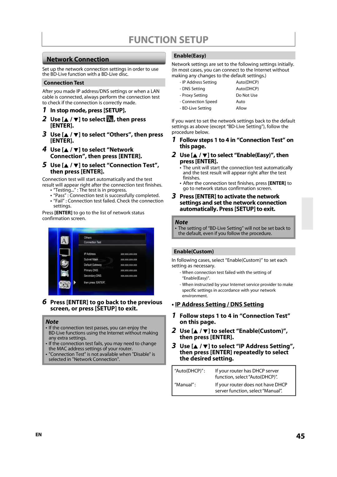 Onkyo DV-BD507 Network Connection, Connection Test, EnableEasy, EnableCustom, Testing... The test is in progress 