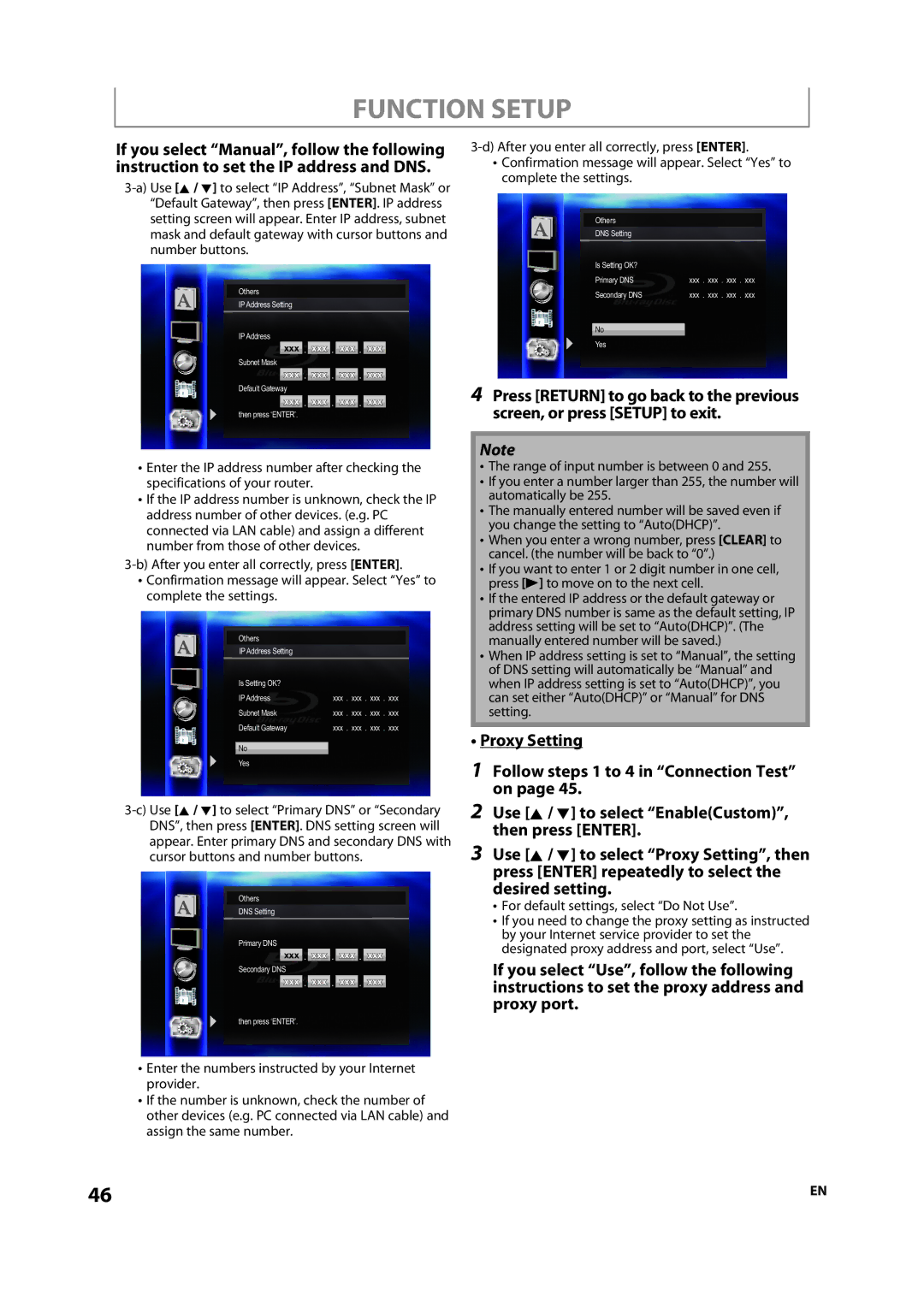 Onkyo DV-BD507 Proxy Setting Follow steps 1 to 4 in Connection Test on, Use K / L to select EnableCustom, then press Enter 