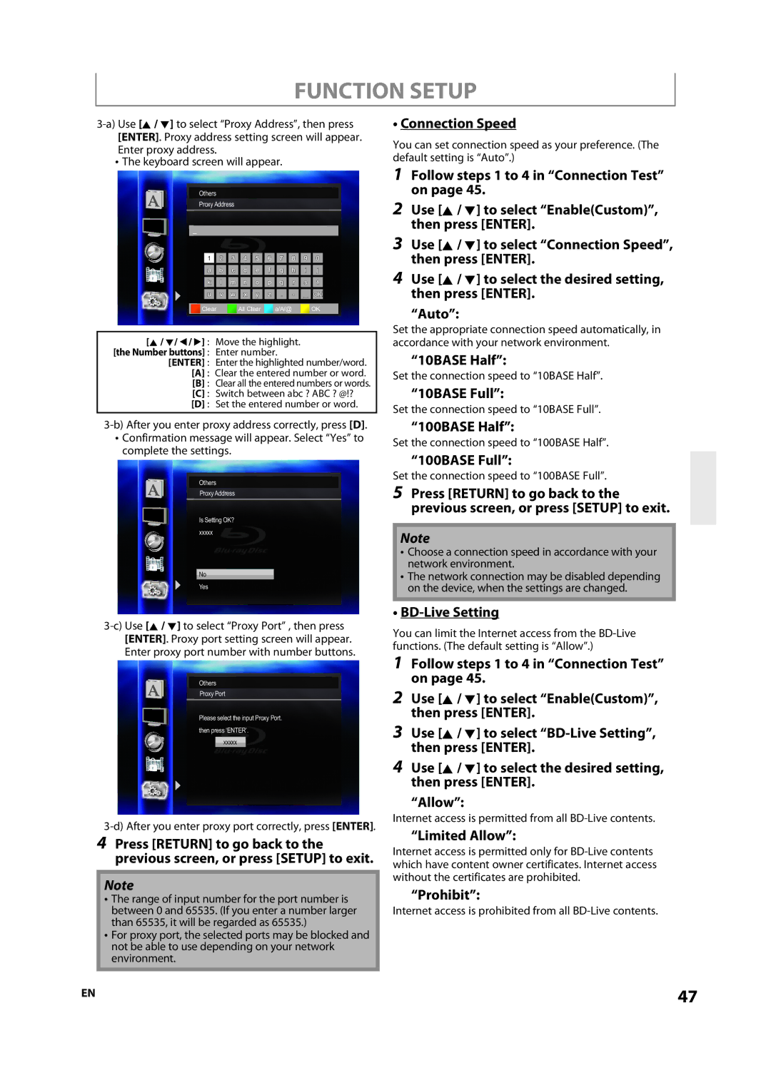 Onkyo DV-BD507 Connection Speed, 10BASE Half, 10BASE Full, 100BASE Half, 100BASE Full, BD-Live Setting, Limited Allow 