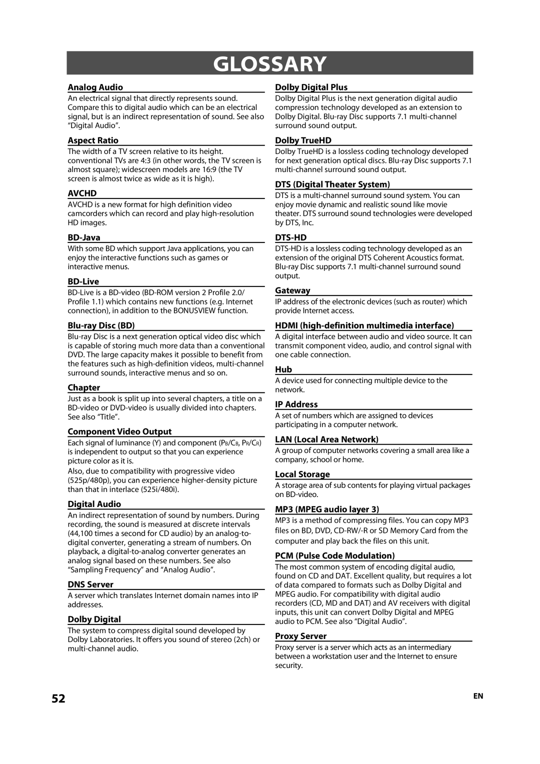 Onkyo DV-BD507 instruction manual Glossary 