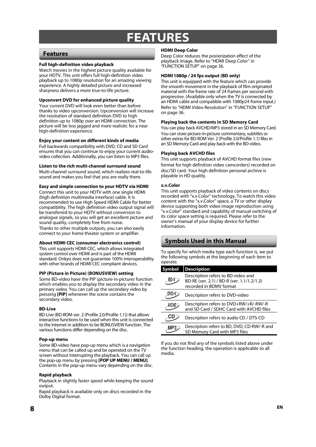 Onkyo DV-BD507 instruction manual Features, Symbols Used in this Manual, Symbol Description 