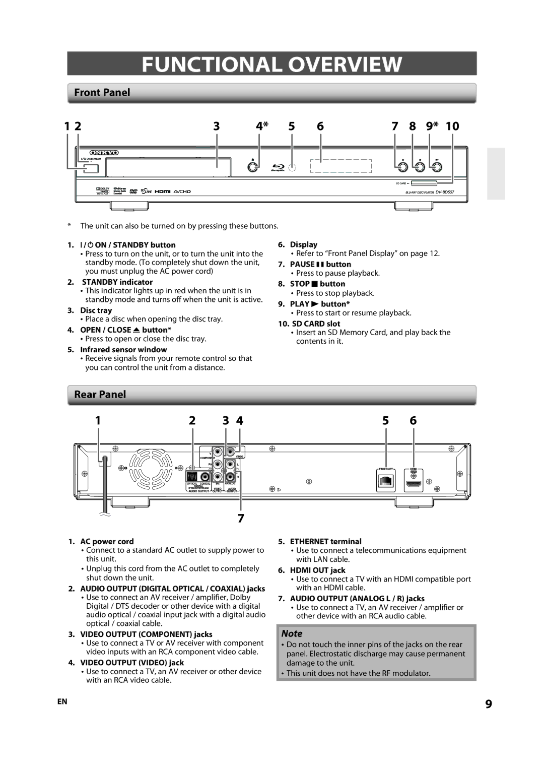 Onkyo DV-BD507 instruction manual Functional Overview, Front Panel, Rear Panel 