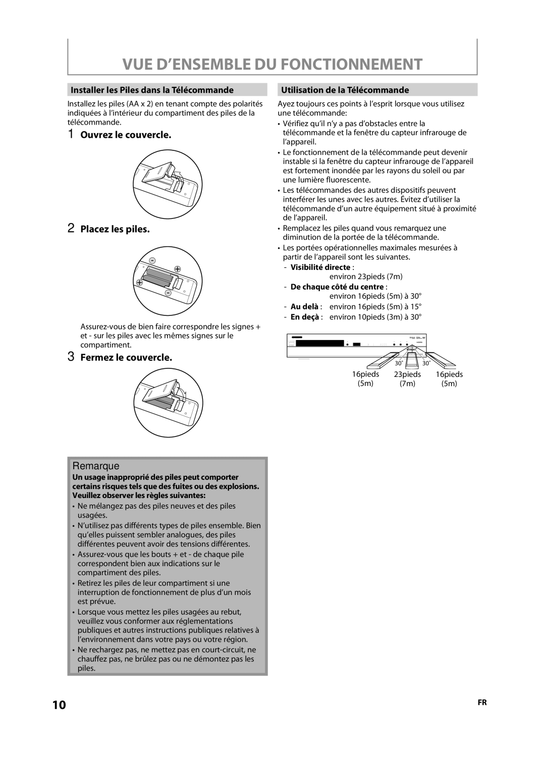 Onkyo DV-BD606 manual Ouvrez le couvercle Placez les piles, Fermez le couvercle, Installer les Piles dans la Télécommande 