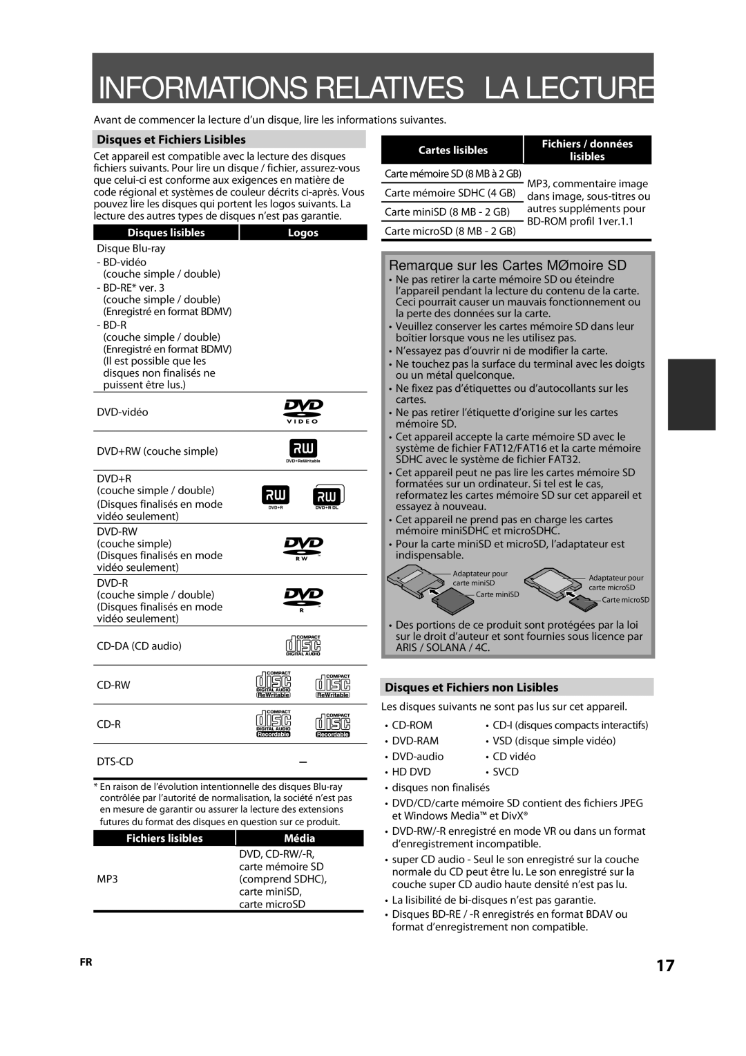 Onkyo DV-BD606 manual Disques et Fichiers Lisibles, Disques et Fichiers non Lisibles, Disques lisibles, Cartes lisibles 