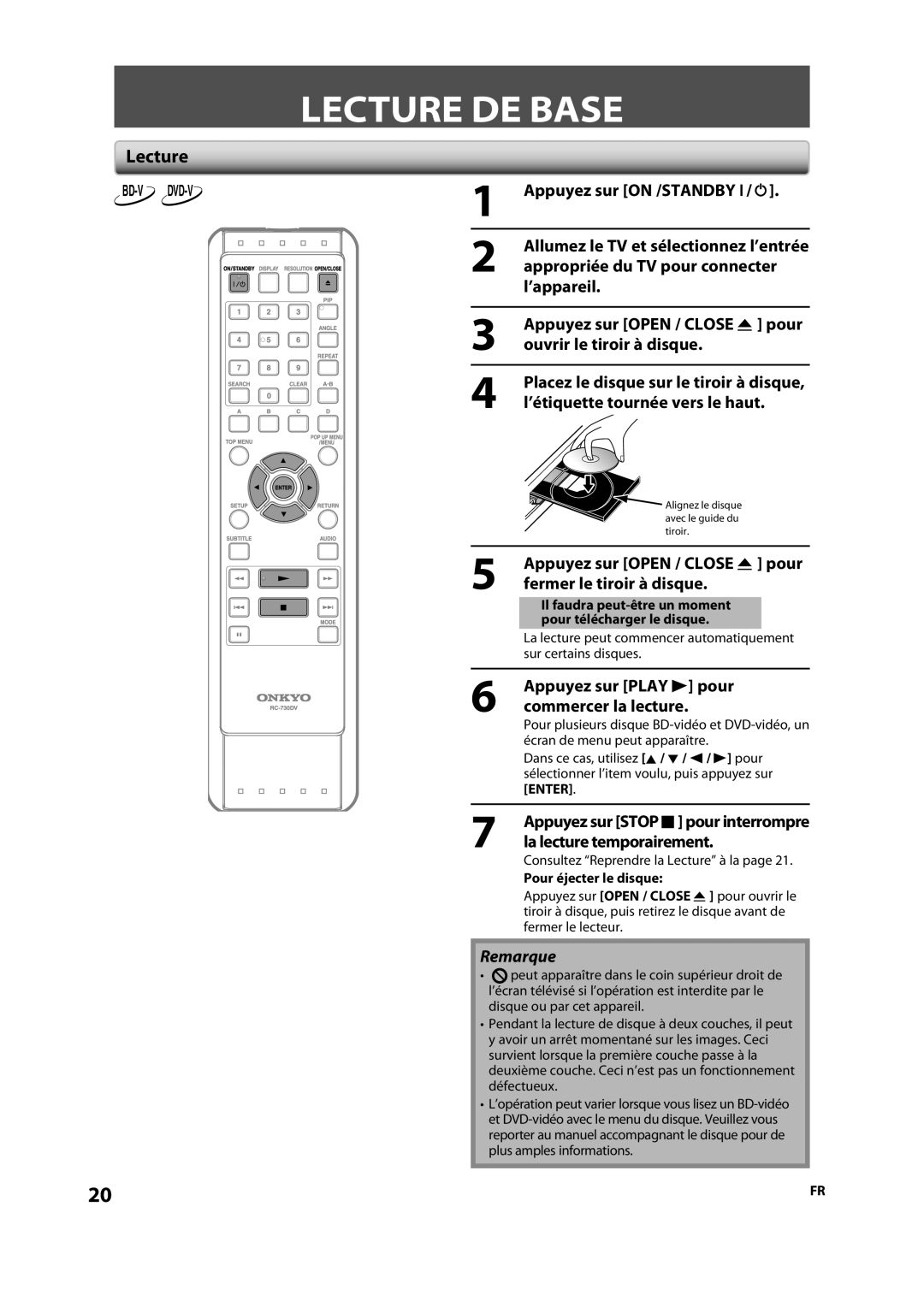 Onkyo DV-BD606 manual Lecture DE Base 