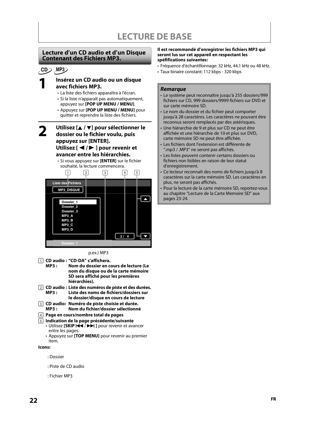 Onkyo DV-BD606 Insérez un CD audio ou un disque avec fichiers MP3, La liste des fichiers apparaîtra à l’écran, Ex. MP3 