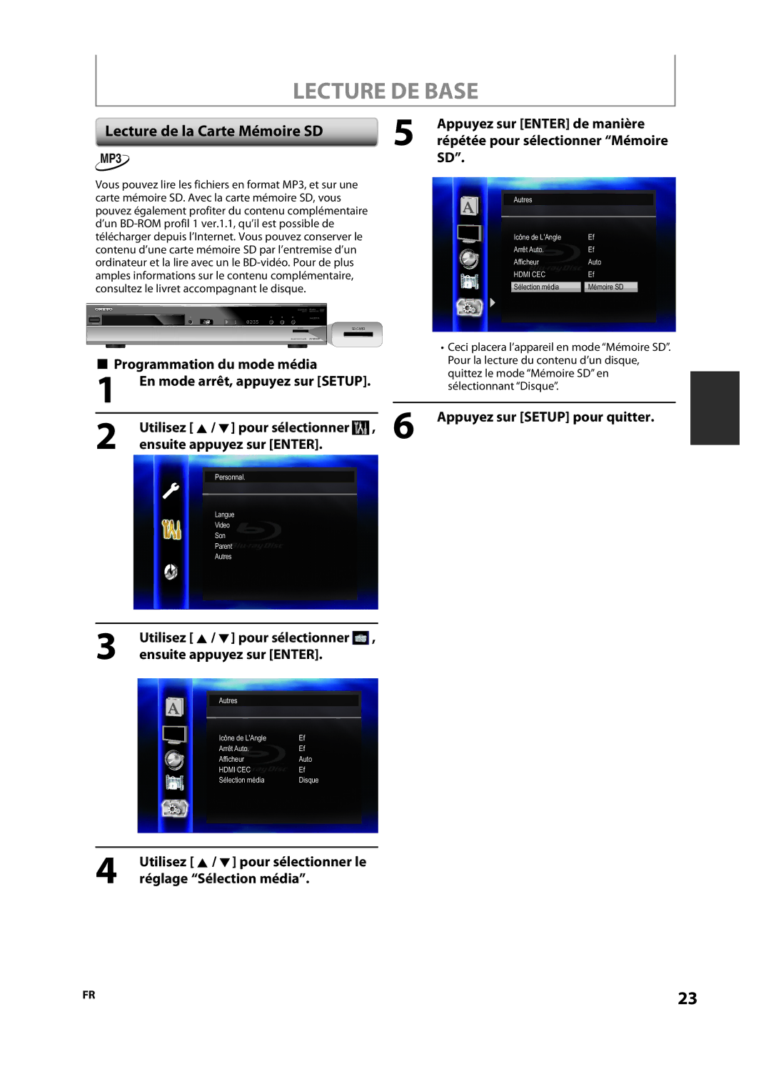 Onkyo DV-BD606 manual Lecture de la Carte Mémoire SD, Programmation du mode média 