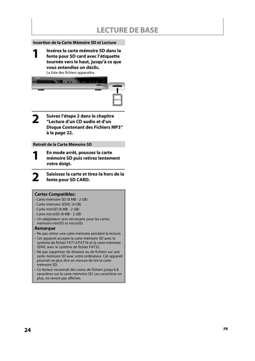 Onkyo DV-BD606 manual Vous entendiez un déclic, Retrait de la Carte Mémoire SD, La liste des fichiers apparaîtra 