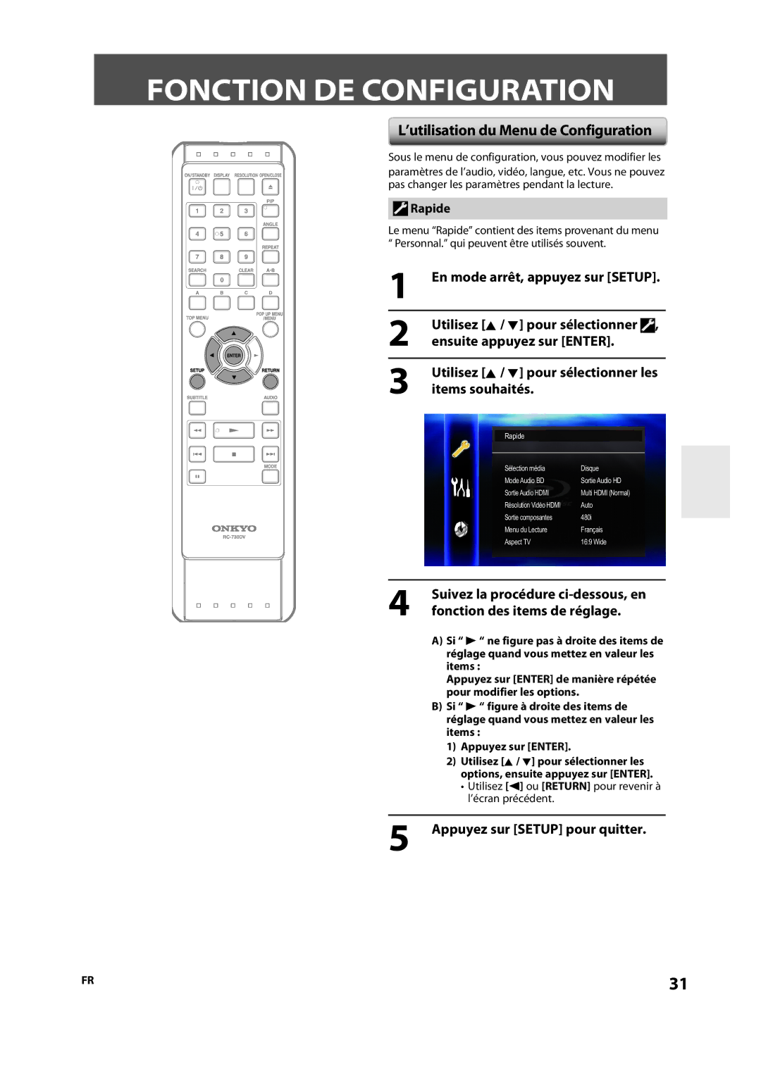 Onkyo DV-BD606 manual Fonction DE Configuration, ’utilisation du Menu de Configuration, Items souhaités 