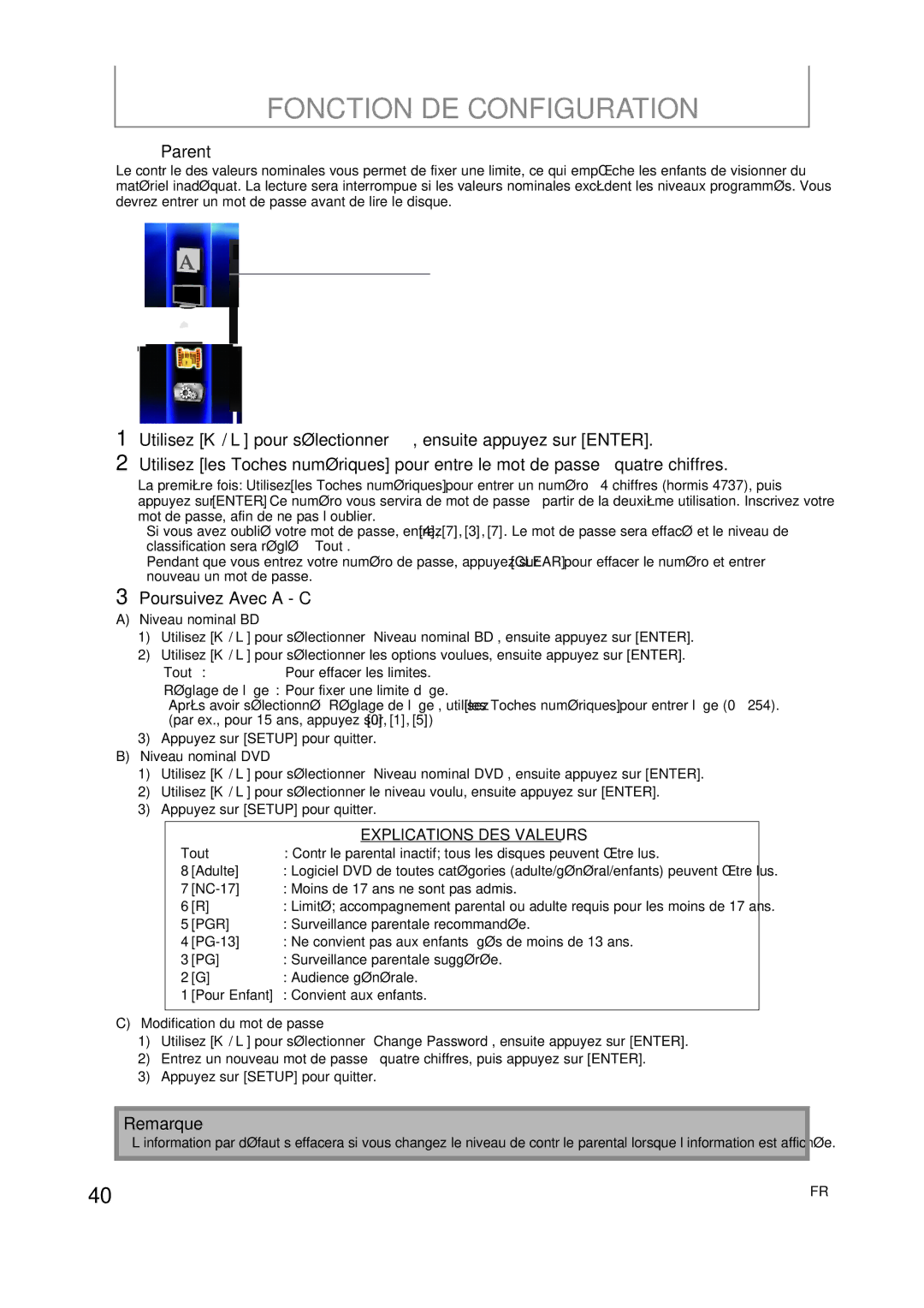 Onkyo DV-BD606 manual Parent, Poursuivez Avec a C 